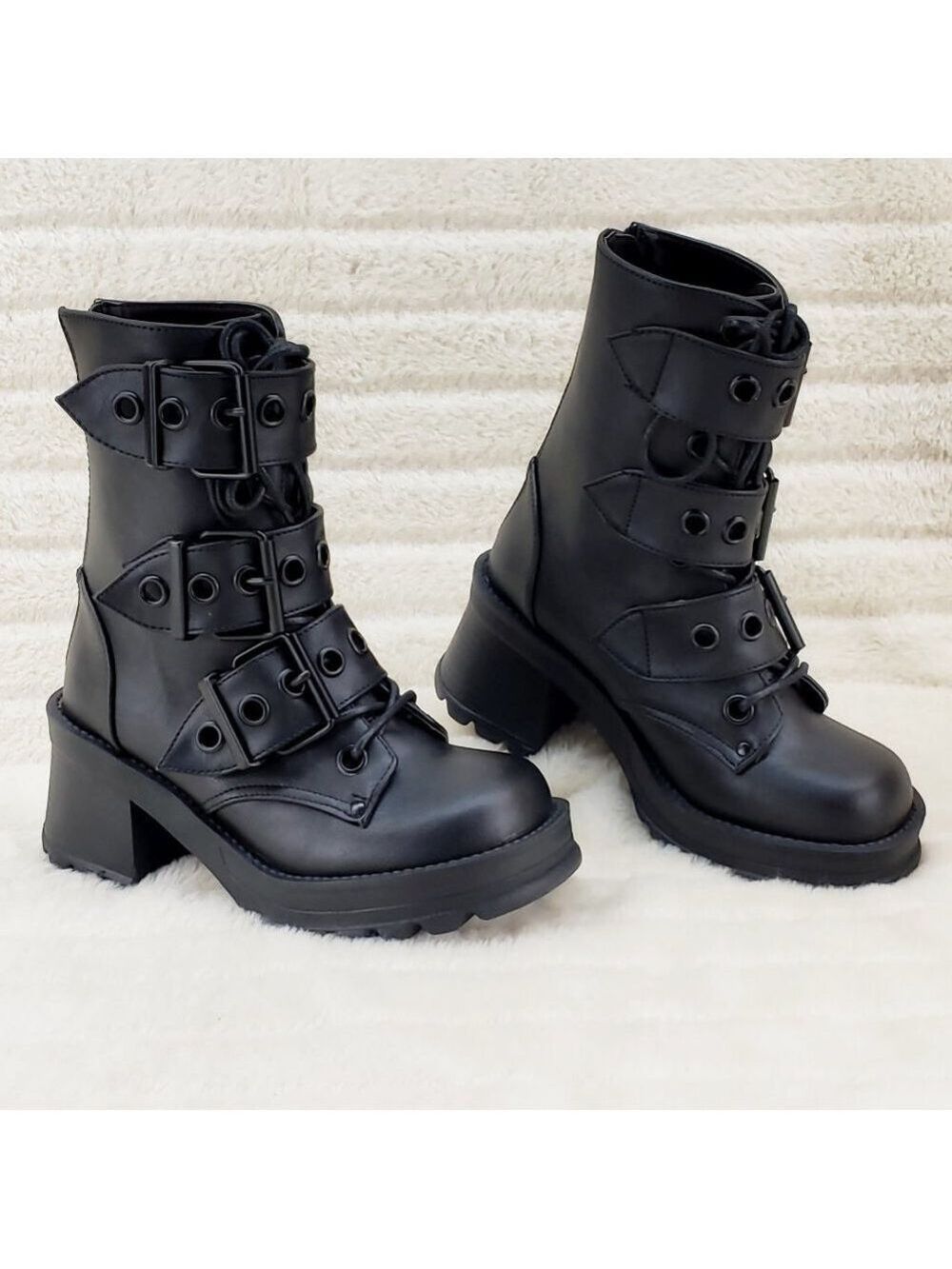 Bratty Goth 3 Big Buckle Strap Block Heel Combat Ankle Boots Punk Rock - Picture 2 of 15